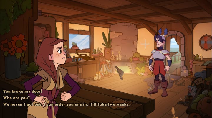 Inside a medieval shop, with a female shopkeeper on the left, and knight on the right who has crashed through the door