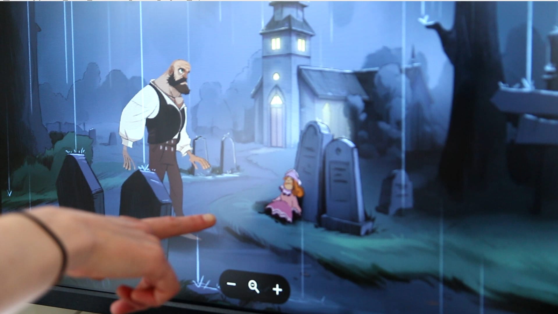 A screenshot from our game, a dark, rainy churchyard with a male character, and doll, and finger pointed to the screen