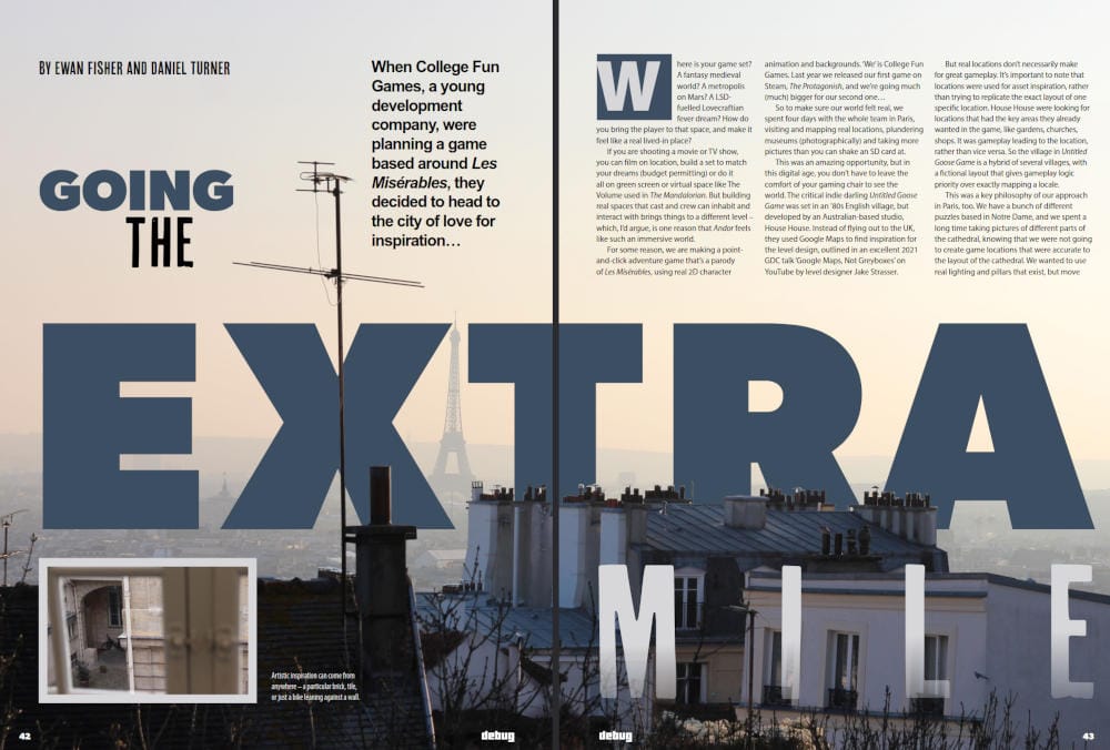 Pages from a magazine article, with a picture of a sky, the Eiffel Tower and caption 'Going the Extra Mile'