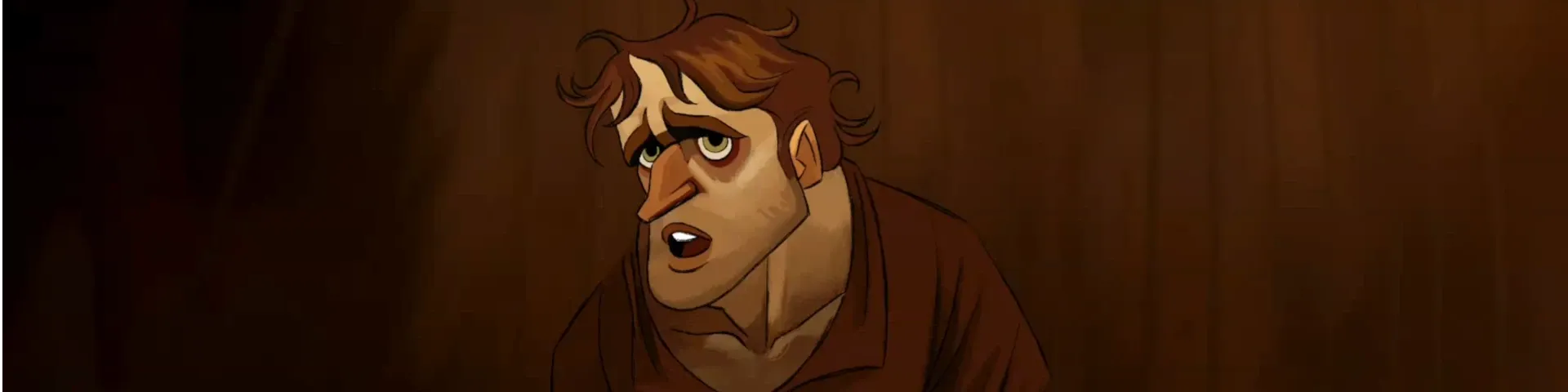 A sad looking, long haired young man drawn in a cartoon style with a brown background