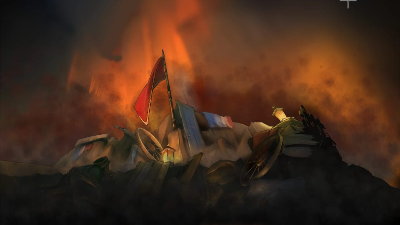A large red flag above towing wooden barricades, with a French flag, red hue and smoke and possibly fire behind.