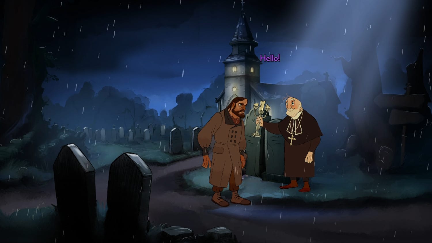 Two cartoon characters, a hobo and bishop, in a graveyard with a ray of light from the heavens