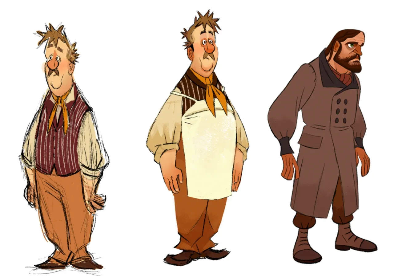 Sketches of a frazzled looking cartoon character in an apron, next to Claude (our main character)