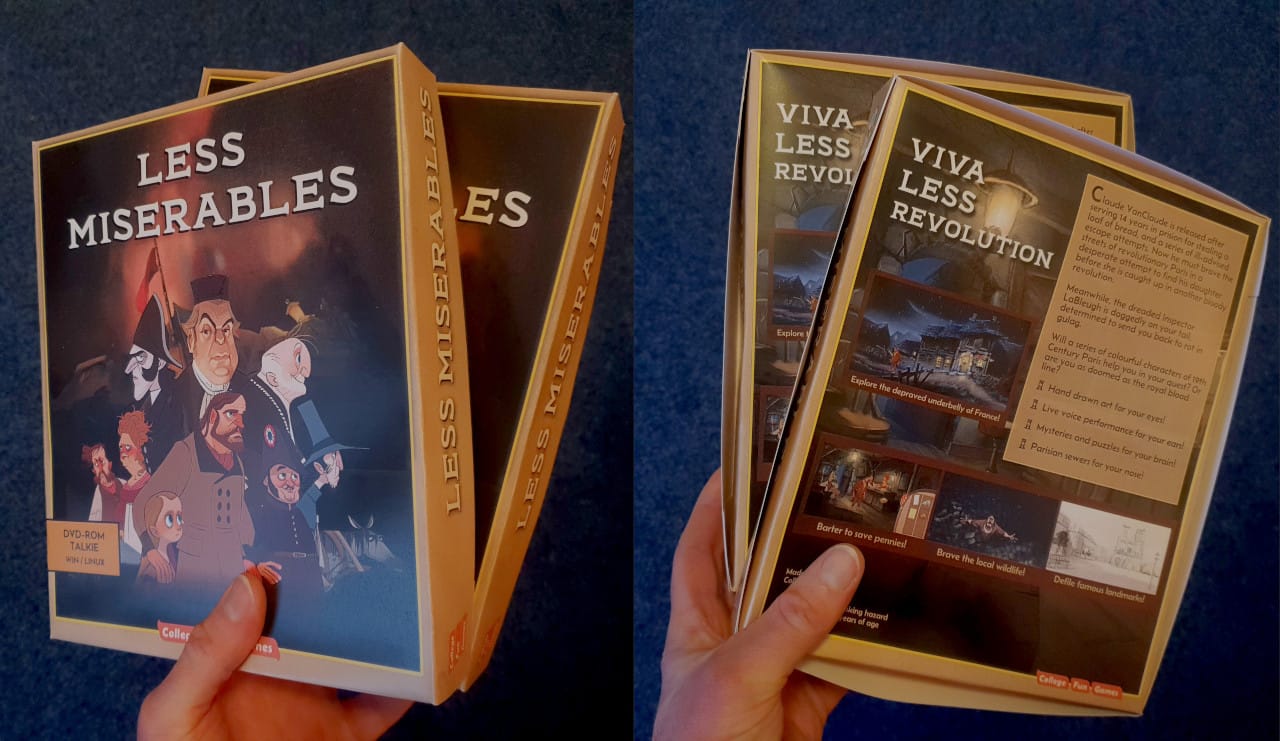 Pictures of the front and back of a brown box, labelled 'Less Miserables' with drawings of cartoon characters from the game