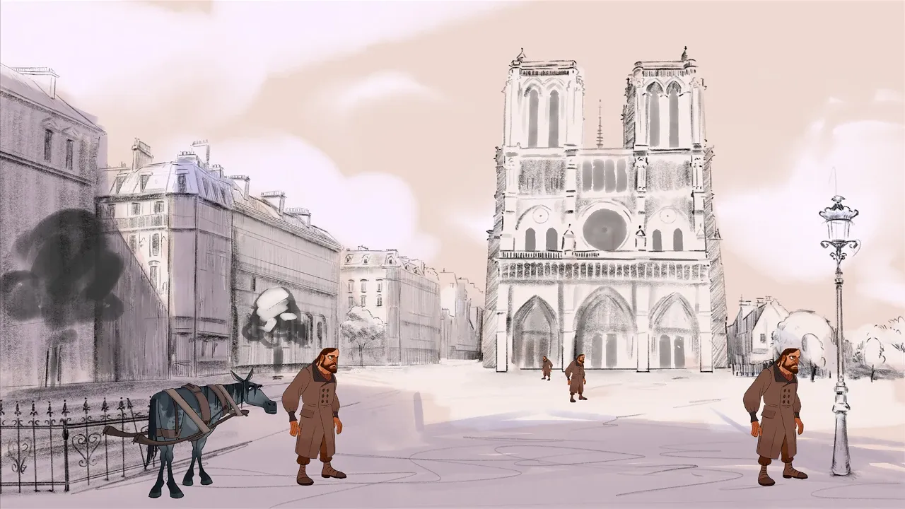 Gorgeous watercolour style, but bi-chromatic sketch of the outside of Notre Dame and a few cartoon characters for scale