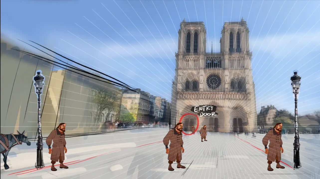 A photo of the same scene outside Notre Dame, with gentle light lines to show perspective, and bright blue sky