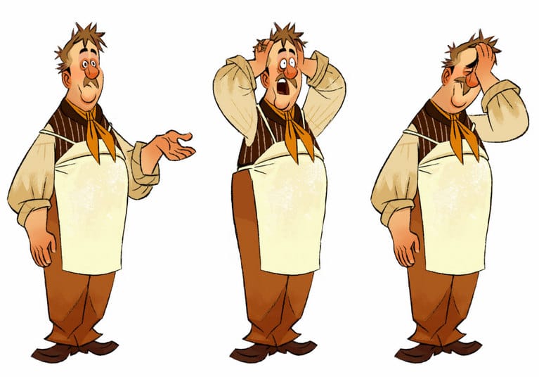 Three zany expressions of a frazzled baker in an apron